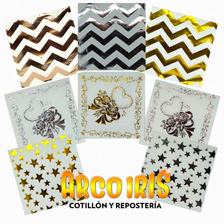 Servilleta Con Stamping X 20 - Blanca/negra Con Dorado/plata/rosa Gold Rayas-flor-estrella Navidad