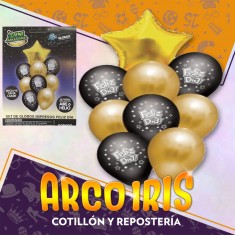 Globo Set Premium Feliz Dia Dorado X 9 - Mylar Estrella Globos Perlados Impresos Cinta