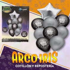 Globo Set Premium Feliz Dia Plateado X 9 - Mylar Estrella Globos Perlados Impresos Cinta