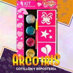 Kit Glittermania - Kit Para Maquillaje 4 Glitter Plata-azul-fucsia-dorado Pincel Stencil