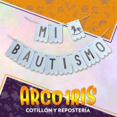 Banderin Mi Bautismo Xu - Celeste Con Stamping Gold Mundo