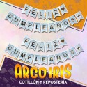 Banderin Feliz Cumpleanos Xu - Doble Celeste Y Oro Con Corazones Y Stamping Gold Mundo