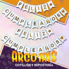 Banderin Feliz Cumpleanos Xu - Doble Stamping Invertido Con Corazones Gold Mundo