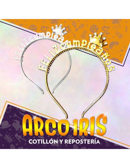 Vincha Plastica Feliz Cumpleanos +12-10% Plateada-dorada -rosa Gold Hair Band