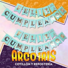 Banderin Feliz Cumpleanos Celeste Metal Con Stamping Party Gold Mundo