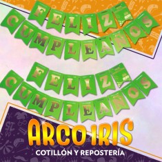 Banderin Feliz Cumpleanos Verde Fluo Liquidacion Con Stamping Party Gold Mundo