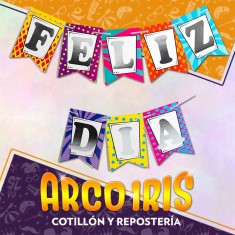 Banderin Feliz Dia Xu - Multicolor Con Stamping Gold Mundo