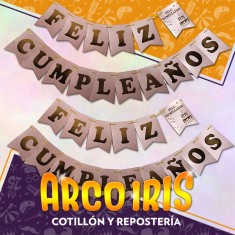 Banderin Feliz Cumpleanos Rosa Gold Con Stamping Party Gold Mundo