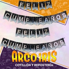 Banderin Feliz Cumpleanos Xu - Negro Letras Plateadas Gold Mundo