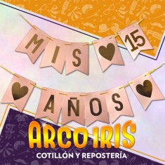 Banderin Mis 15 Anos Xu - Rosa Gold Con Stamping Gold Mundo