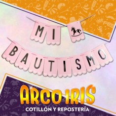 Banderin Mi Bautismo Xu - Rosa Con Stamping Gold Mundo