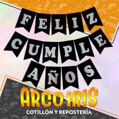 Banderin Feliz Cumpleanos Negro Stamping Plata Party Gold Mundo