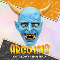 Latex Mascara Demonio Oni Azul Xu - Cuernos Halloween Party Store