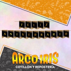 Banderin Feliz Aniversario Xu - Negro Con Stamping Dorado Gold Mundo