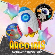 Mylar Set Espacial Metal Xu - 5 Piezas Con Cinta Globo Metalizado Papel