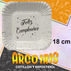 Plato Feliz Cumpleanos Plata Stamp 18 Cm Cuadrado X 8 - Carton Festcopack