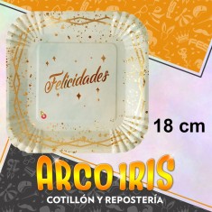 Plato Felicidades Blanco Stamp 18 Cm Cuadrado X 8 - Carton Festcopack