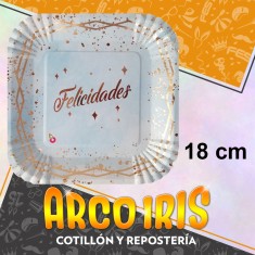 Plato Felicidades Celeste Stamp 18 Cm Cuadrado X 8 - Carton Festcopack