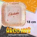 Plato Felicidades Rosa Stamp 18 Cm Cuadrado X 8 - Carton Festcopack