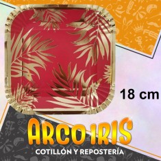 Plato Hojas Rojo Stamp 18 Cm Cuadrado X 8 - Carton Festcopack