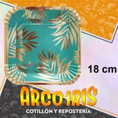 Plato Hojas Verde Stamp 18 Cm Cuadrado X 8 - Carton Festcopack