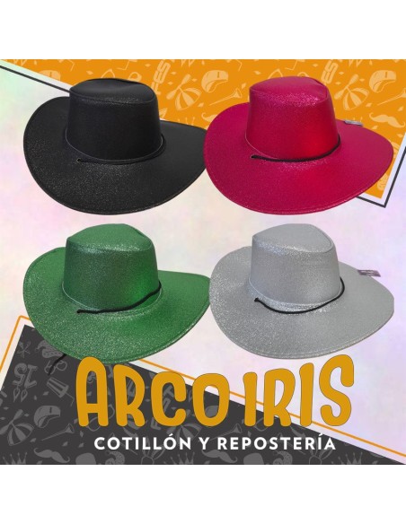 Gorro Cowboy Glitter Total Liso - Varios Colores Plata-negro-verde-azul-fucsia-rojo-dorado