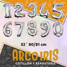 Mylar 32 Numero Plata Suelto X 10 - Aprox 80/81 Cm Cat2 En Blister - Globo Metalizado Papel