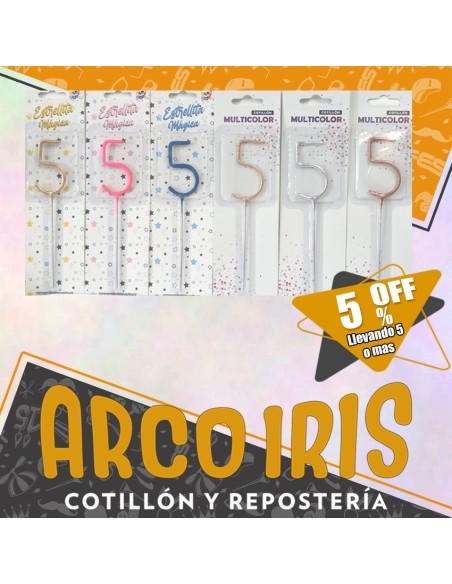 Vela Sparkles Numero 5 Xu +5-5% - Varios Colores Promo Por Cantidad Plata-dorado-rosa Gold-rosa-celeste-azul- Estrellita - Ex