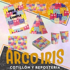 Kit Cumple Gatitos - Poster + Banderin + Adorno Torta + Gorrito + 6 Vasos + 6 Plastos + 2 Manteles + 20 Servilletas Mascotas