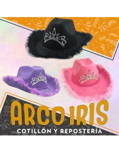 Gorro Cowboy Con Coronita Y Plumas Borde Contorno Boa Varios Colores Lila-negro-rosa-blanco