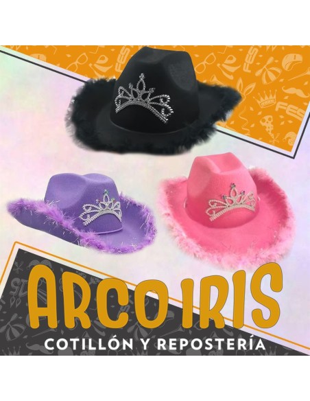 Gorro Cowboy Con Coronita Y Plumas Borde Contorno Boa Varios Colores Lila-negro-rosa-blanco