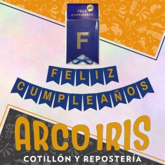 Banderin Feliz Cumpleanos Azul Stamping Oro Dorado Party Gold Mundo