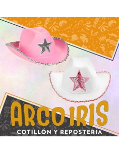 Gorro Cowboy Con Estrella Y Lentejuelas Borde - Contorno Lentejuelas Blanco-rosa