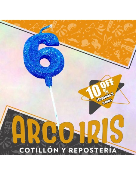 Vela Numero 6 Azul Full Gibre Con Palito Xu - Tipo Diamante - Nacional - En Bolsa Con Codigo De Barra