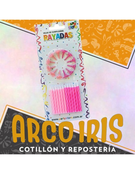 Vela Rayadas Rosas X 24 - Con Portavela Party Store