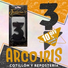 Vela Numero 3 Negro Full Gibre Xu +5-10% Promo Por Cantidad - Nacional En Blister Con Codigo De Barra Fantasia