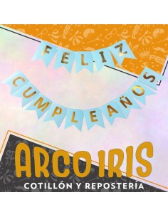 Banderin Feliz Cumpleanos Celeste Pastel Stamping Oro Dorado Party Gold Mundo