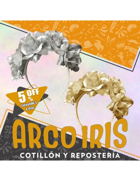 Vincha 3 Flores Rosas Metal Xu +5-5% - Dorada-plateada Primavera