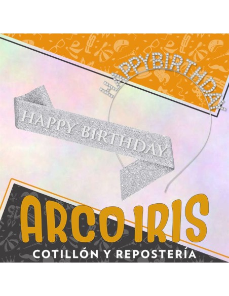 Vincha Metal Con Strass Y Banda Gibreada -happy Birthday-party Goods-plateada-