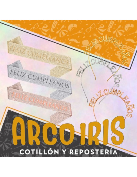 Vincha Metal Con Strass Y Banda Gibreada - Feliz Cumple Party Goods Dorada-plateada-rosa Gold