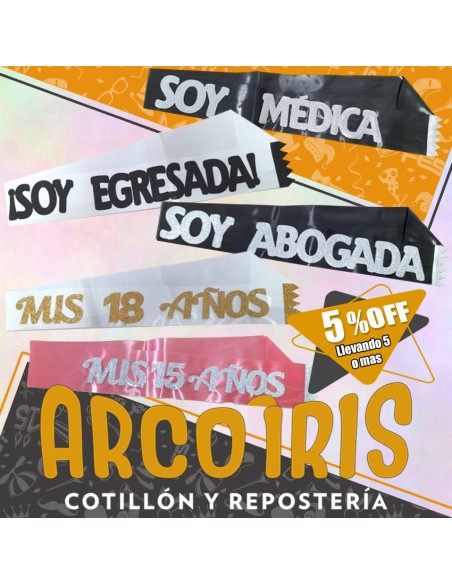 Banda Cinta Letras Gibreadas 72 Cm +5-5% - Varios Motivos Upd Egresado Promo Por Cantidad Cinta Mi Cumple/egresado/me Recibi/