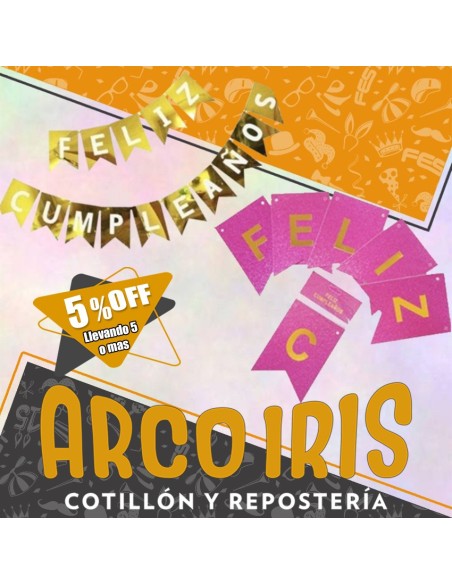 Banderin Feliz Cumpleanos Metal Importado +5-5% Holografico/gliter/metal/laser Con Stamping Promo Por Cantidad Varios Colores