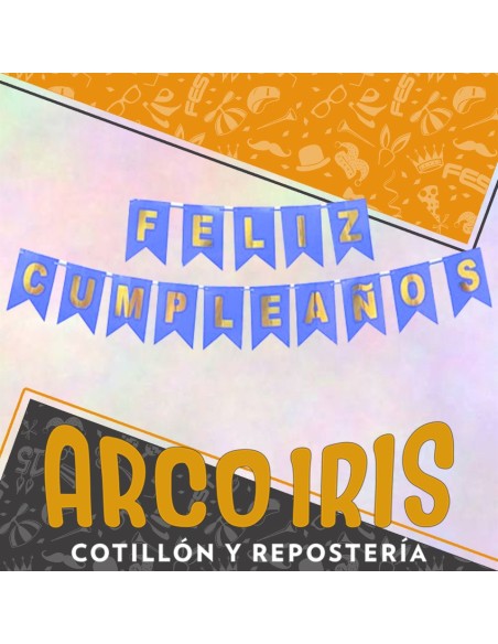 Banderin Feliz Cumpleanos Azul/cel- Metal Stamping Oro Dorado Party Gold Mundo
