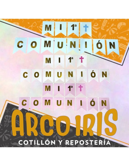 Banderin Mi Comunion Varios Colores Chino - Rosa-celeste-blanco Letras Doradas Importado