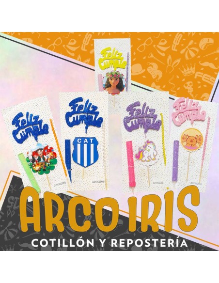 Topper Kit Personajes Frase Feliz Cumple +10-5% Con Vela Finita + Bengala Promo Por Cantidad Decorativos Cake Topper Zenon/st