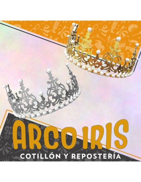 Corona Reina Metal 26 Cm Oro/plata Con Perlas 5 Puntas De 5.5 Cm De Alto-tiara-