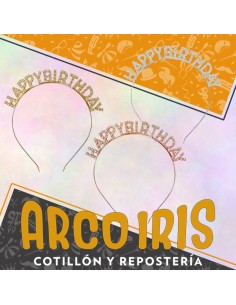 Vincha Happy Birtrday Metal Con Stras - Party Goods Dorada-plateada-rosa Gold-rosa-vincha -