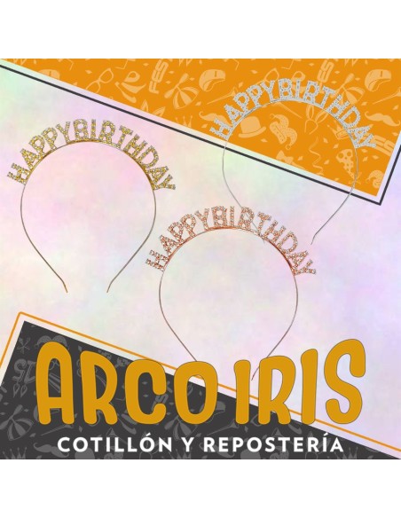 Vincha Happy Birtrday Metal Con Stras - Party Goods Dorada-plateada-rosa Gold-rosa-vincha -