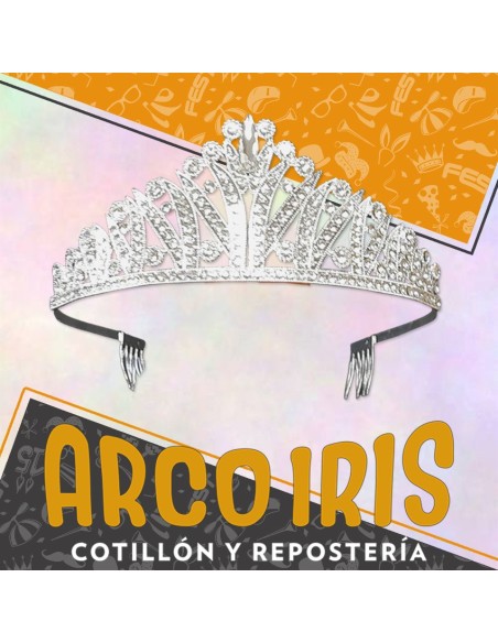 Tiara Metal Con Strass -vincha -5.5 Cm Alto -plateada -con Peineta En Puntas-corona Plata-
