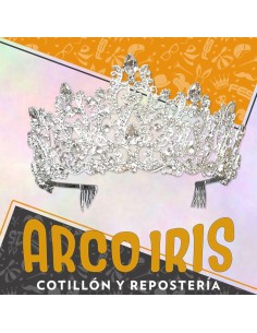 Tiara Metal Con Strass Y Piedras -vincha -8 Cm Alto -plateada -con Peineta En Puntas-corona Plata-